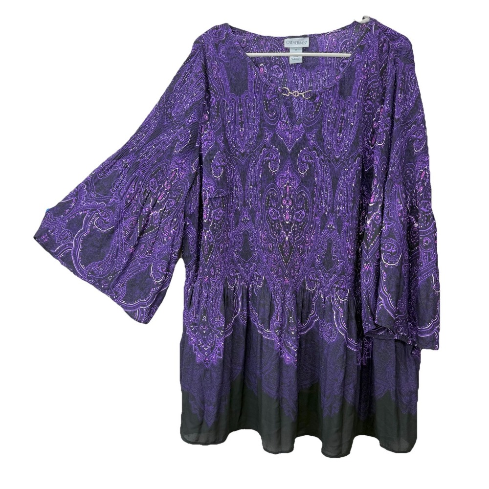 Catherines Purple Affinity Chain‎ Pleated Georgette 3/4 Sleeve Blouse Size 4X - Picture 2 of 8